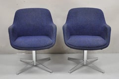 Vintage Mid Century Modern Blue Upholstered Chrome Swivel Base Club Chair - Pair