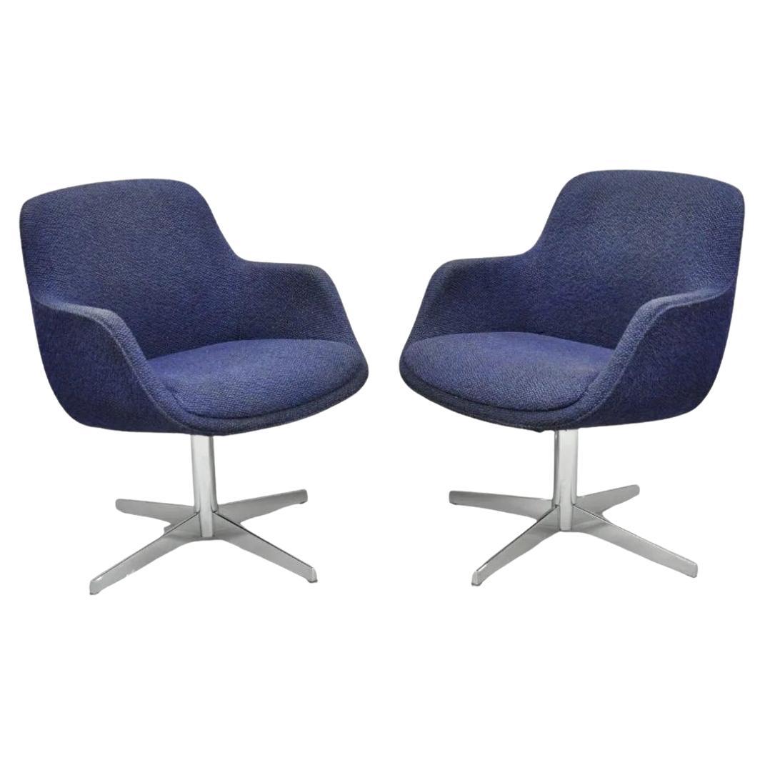 Vintage Mid Century Modern Blue Upholstered Chrome Swivel Base Club Chair - Pair For Sale