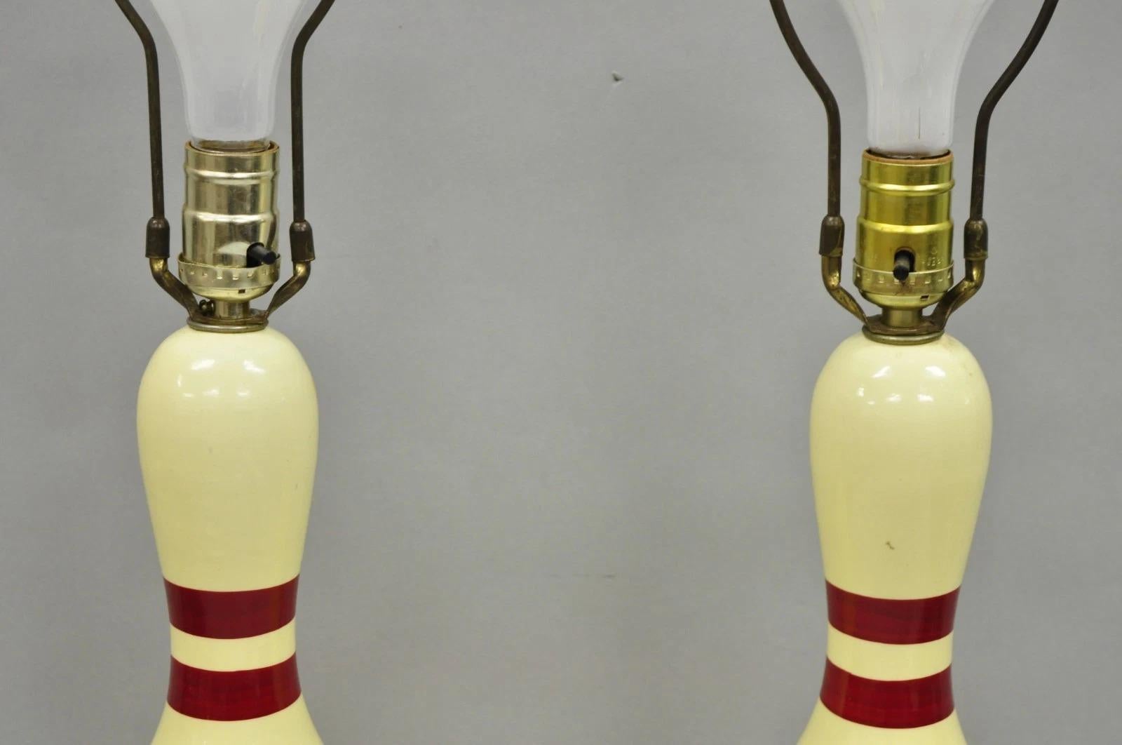 20th Century Vintage Mid Century Modern Bowling Pin Man Cave Game Room Table Lamps - a Pair For Sale