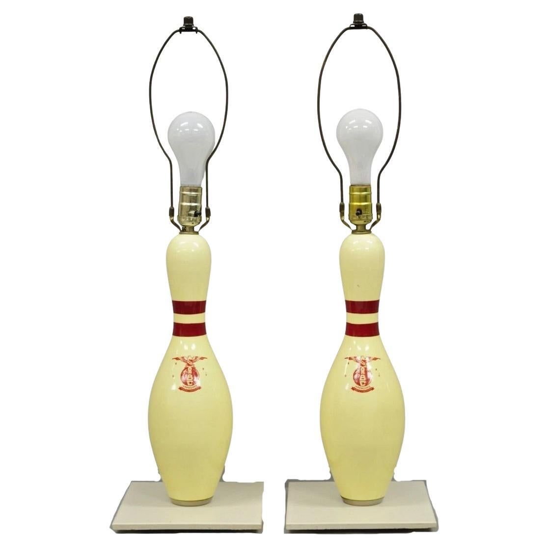 Vintage Mid Century Modern Bowling Pin Man Cave Game Room Table Lamps - a Pair