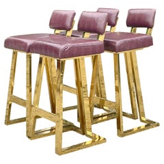 Sgabelli da bar vintage in ottone e pelle della metà del secolo scorso - Set di 4 sgabelli