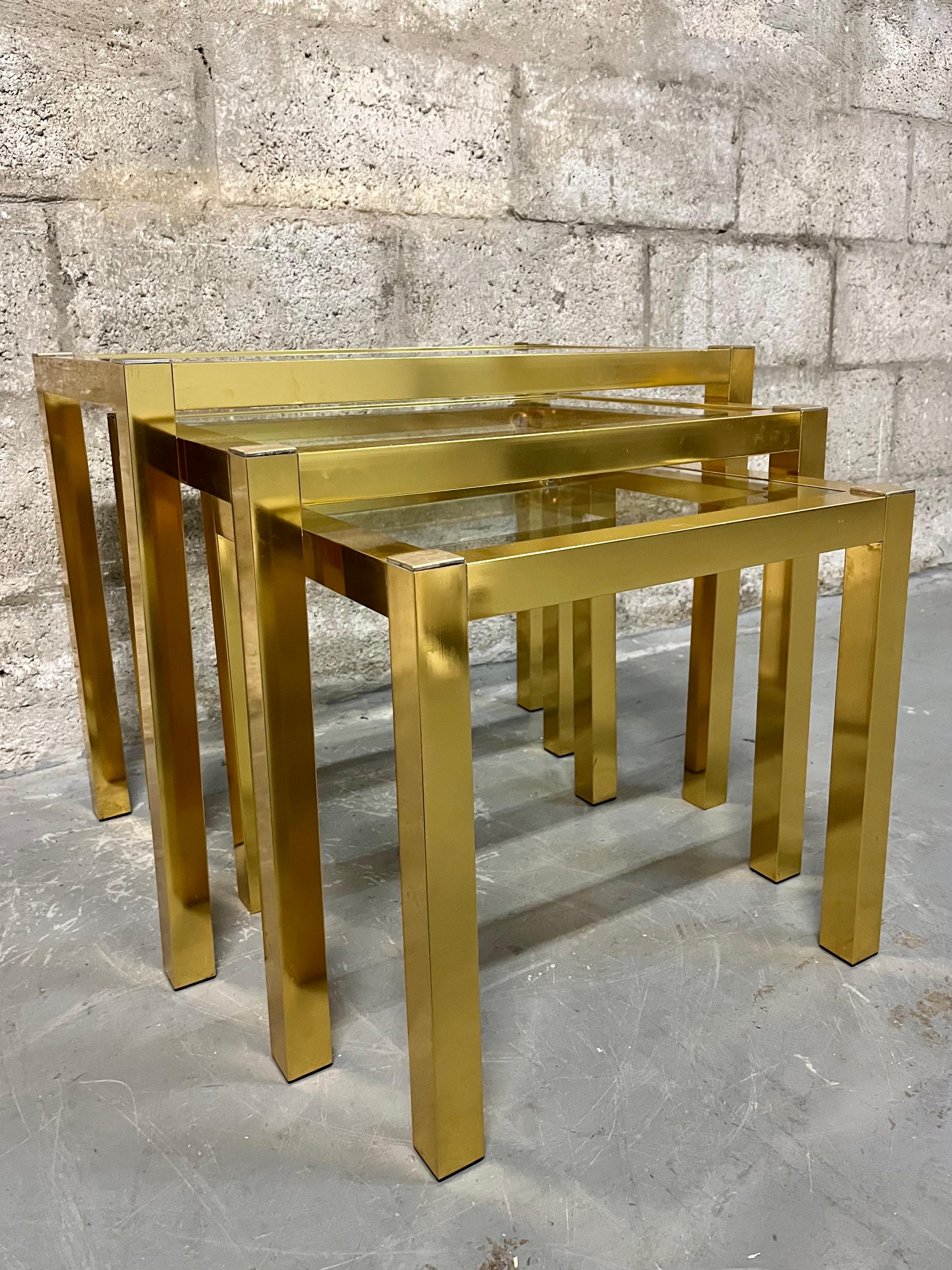 Vintage Mid Century Modern Brass Anodized Aluminum Nesting Tables. Circa 1960s  For Sale 4