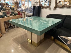 Vintage Mid-Century Modern Brass & Aqua Lucite Game Table Dining Square