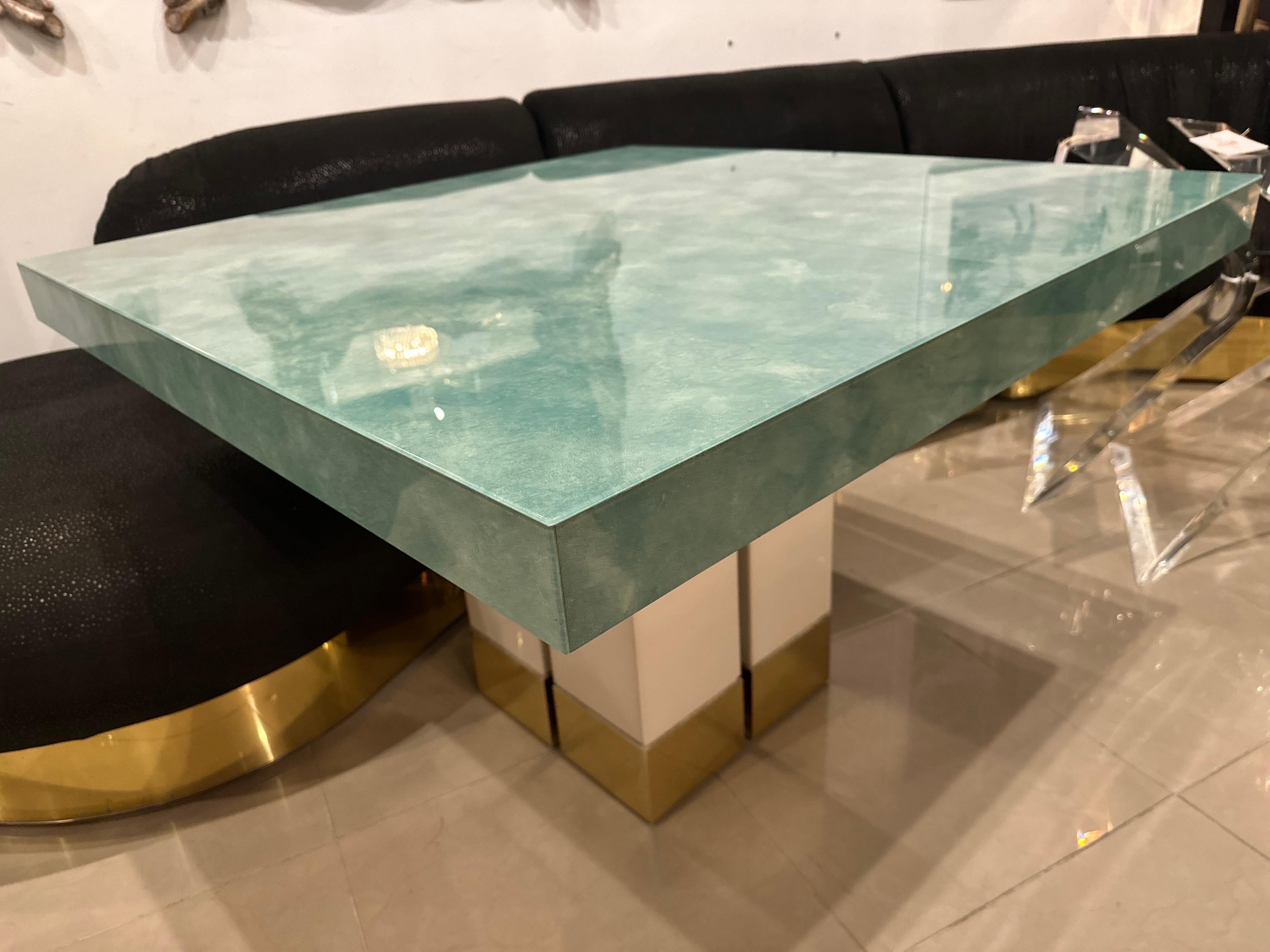 American Vintage Mid-Century Modern Brass & Aqua Lucite Game Table Dining Square  For Sale