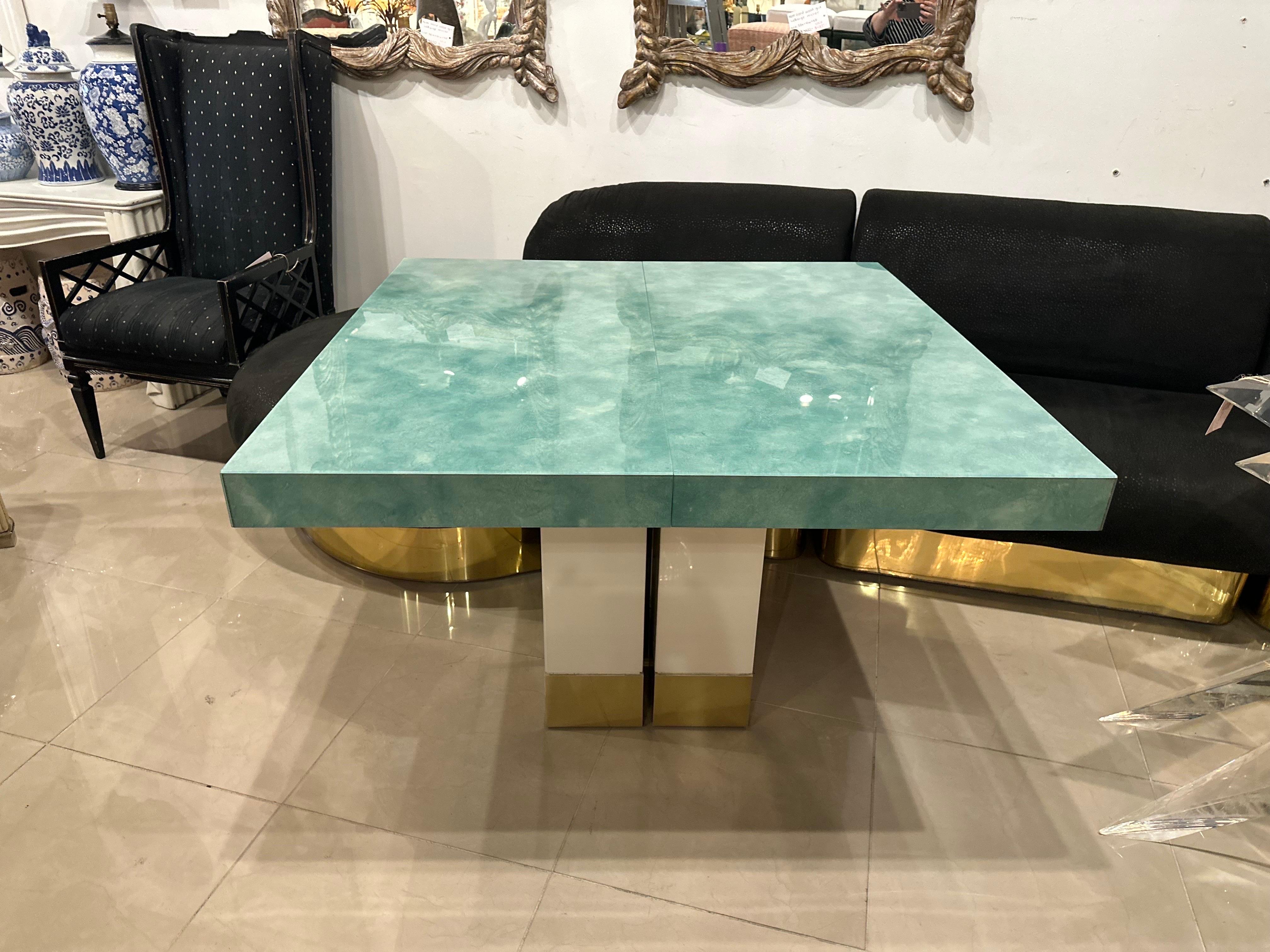 Vintage Mid-Century Modern Brass & Aqua Lucite Game Table Dining Square  In Good Condition For Sale In West Palm Beach, FL