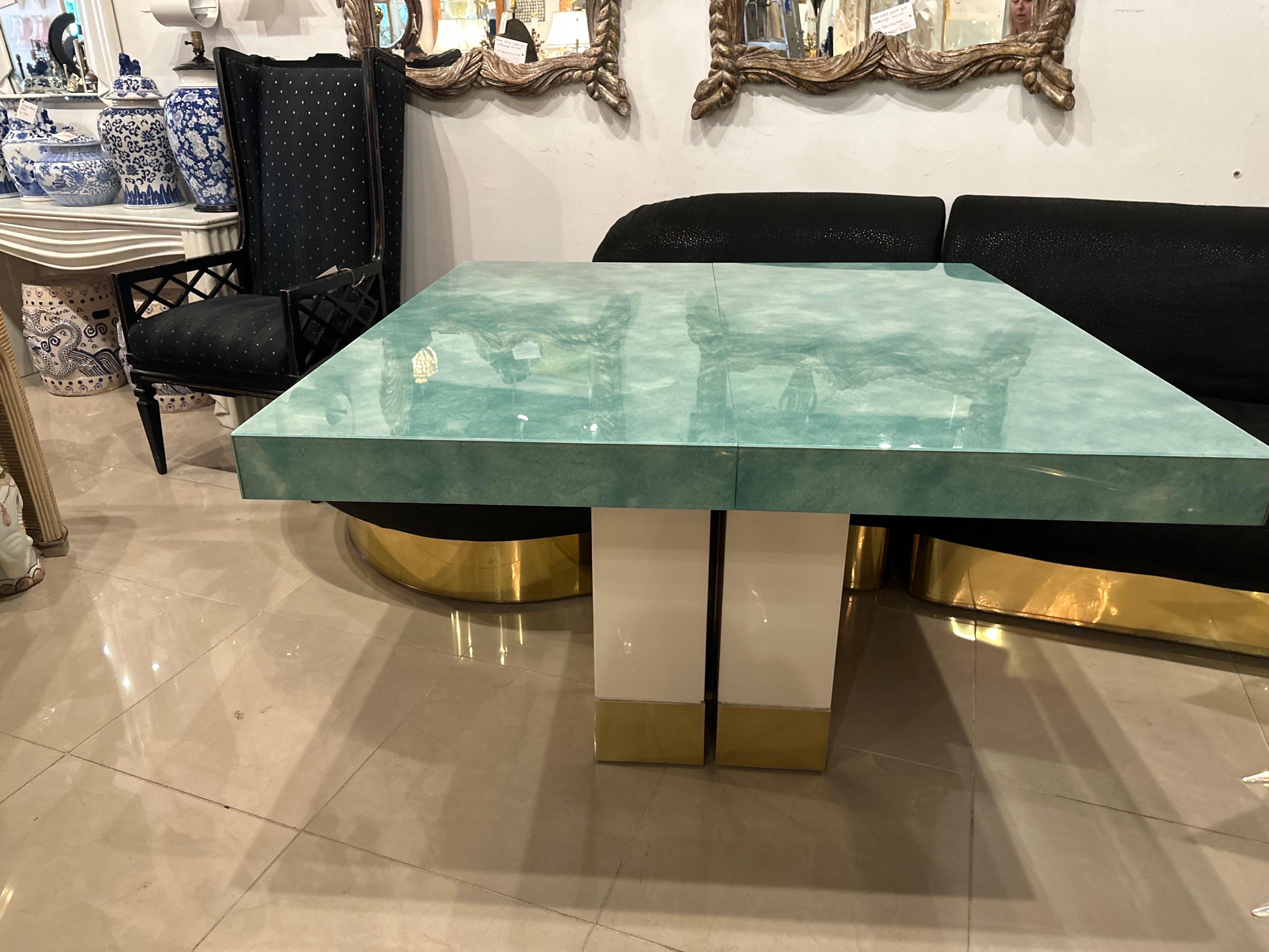 Late 20th Century Vintage Mid-Century Modern Brass & Aqua Lucite Game Table Dining Square  For Sale
