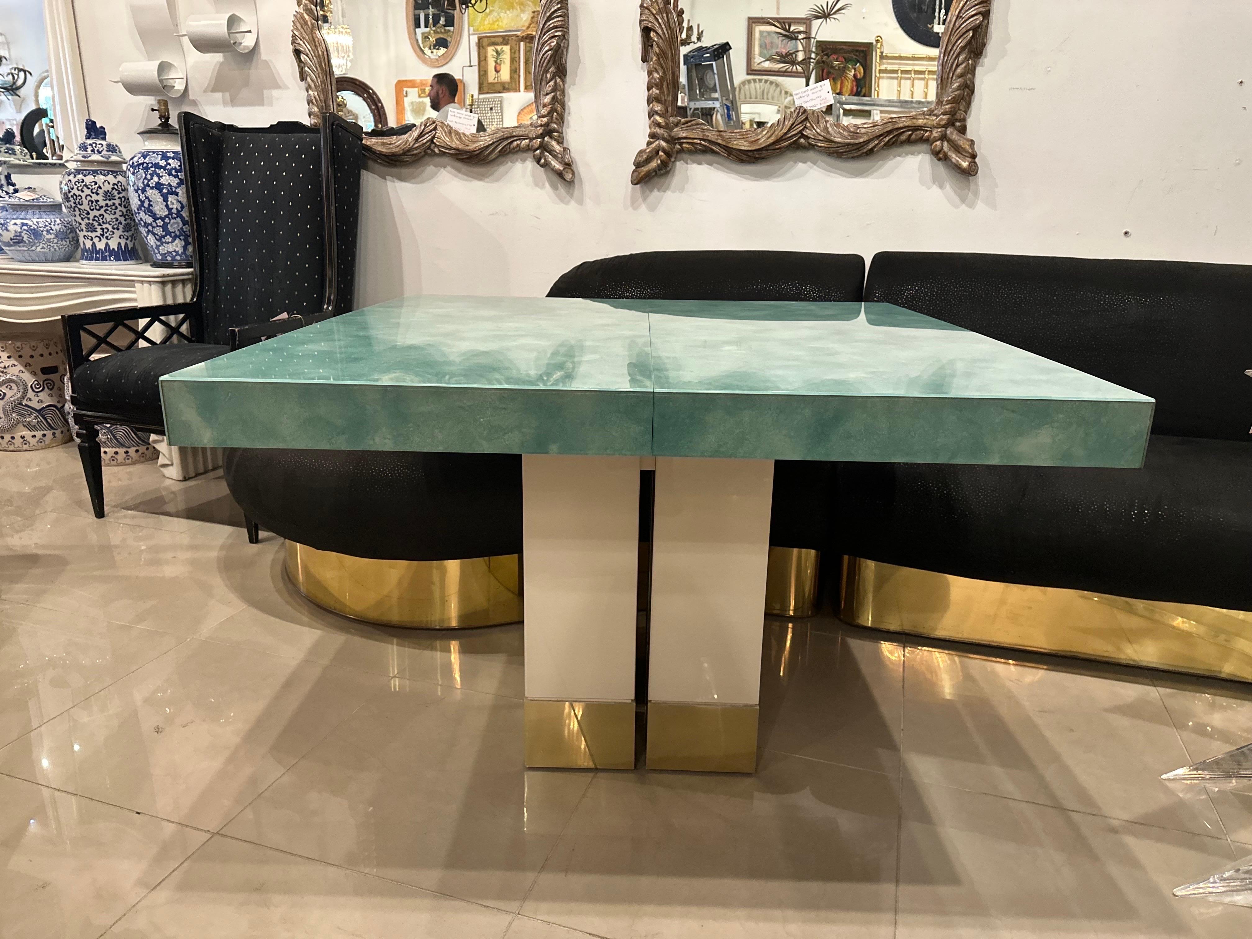 Vintage Mid-Century Modern Brass & Aqua Lucite Game Table Dining Square  For Sale 2