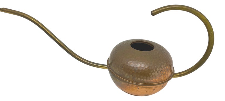 Mid-Century Vintage Brass and Copper Mid-Century Watering Can w Dimpled Handle