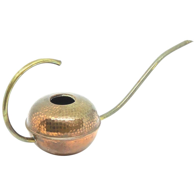 Mid-Century Vintage Brass and Copper Mid-Century Watering Can w Dimpled Handle