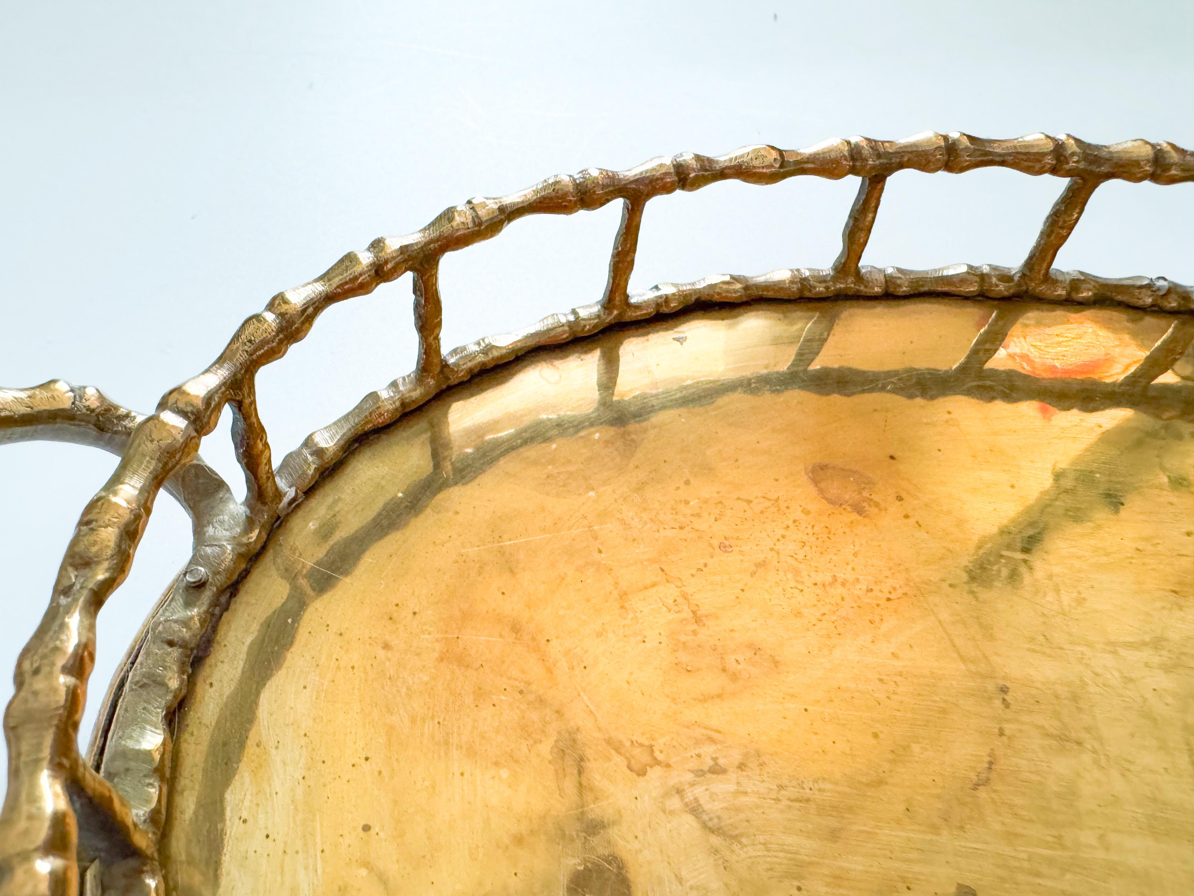 Hollywood Regency Vintage Mid-Century Modern Brass Faux Bamboo Tray, India, 1950s