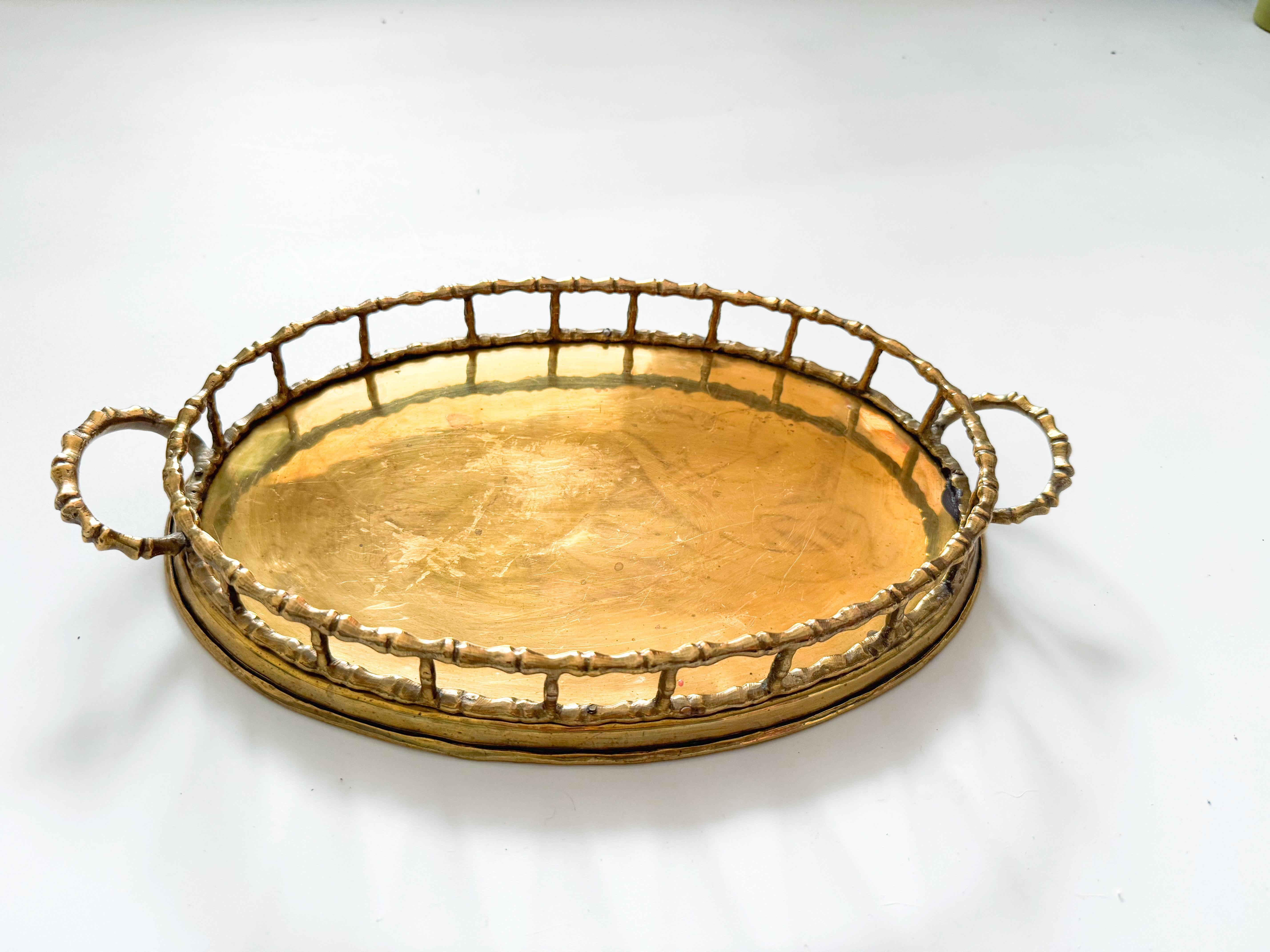 Vintage Mid-Century Modern Brass Faux Bamboo Tray, India, 1950s In Good Condition In Toronto, CA