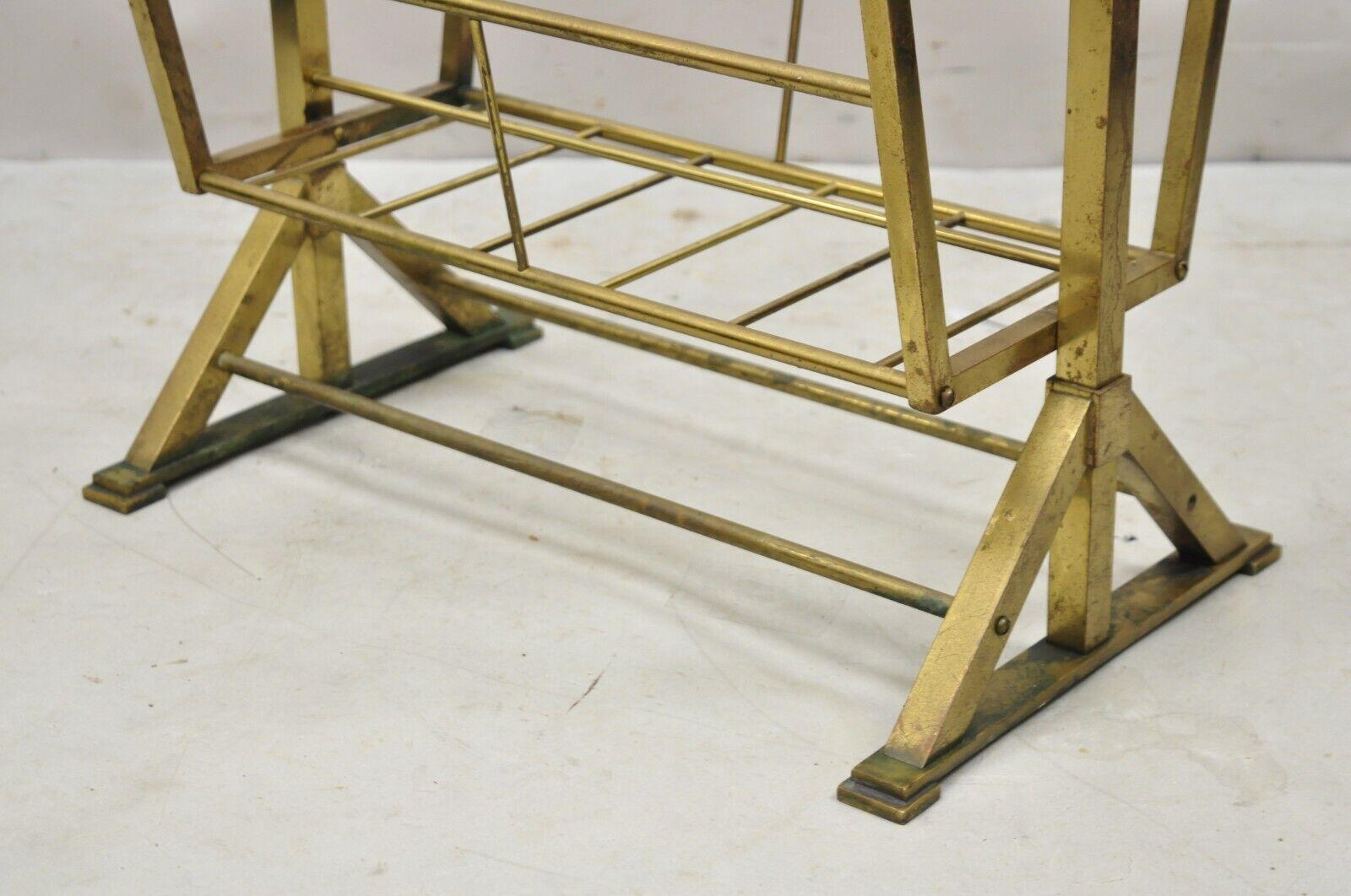 Vintage Mid-Century Modern Brass Frame 2 Tier Magazine Rack Stand In Good Condition For Sale In Philadelphia, PA