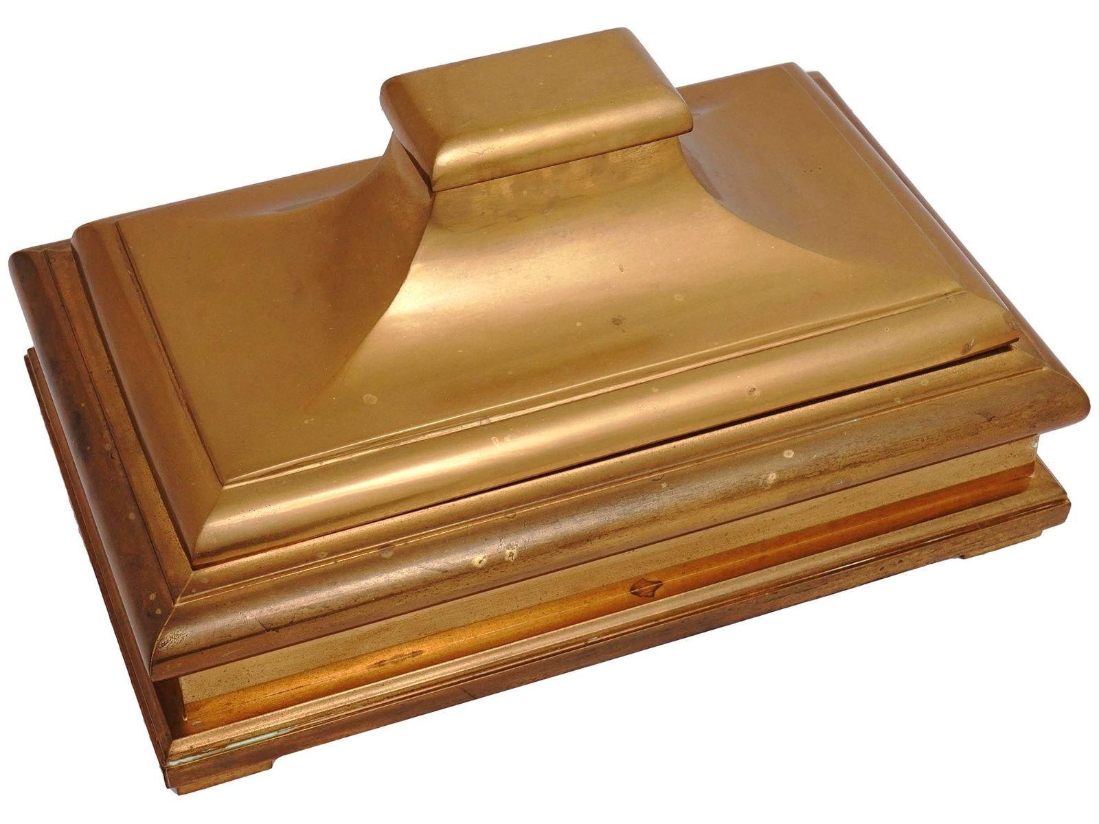 Large, mid-century modern solid brass jewelry casket by Chapman measuring 15 1/4 by 8 1/4 by 9 1/2 inches.  Estate-fresh, in very good condition with oxidation and rubbing wear, and would look amazing with a gentle polishing.
