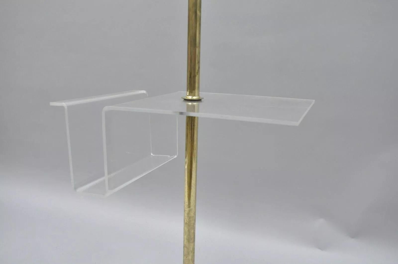 Vintage Mid Century Modern Brass Lucite Marble Floor Lamp w Magazine Table Rack In Good Condition For Sale In Philadelphia, PA