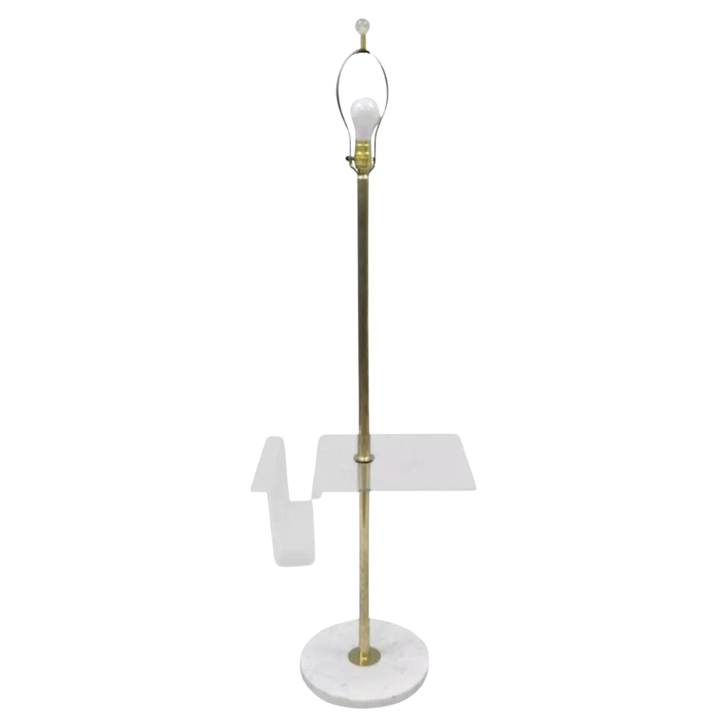 Vintage Mid Century Modern Brass Lucite Marble Floor Lamp w Magazine Table Rack For Sale