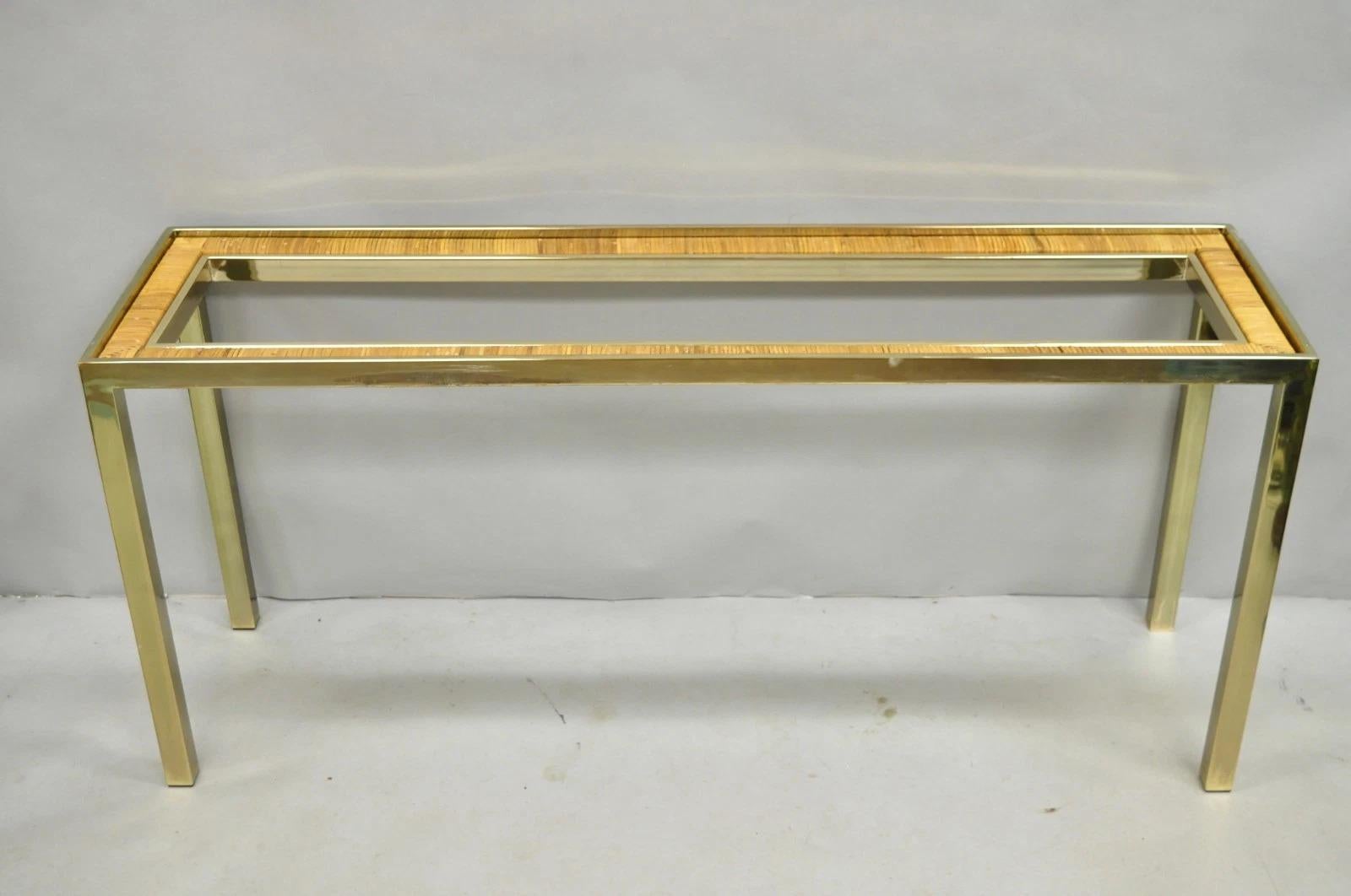Vintage Mid Century Modern Brass Metal e Rattan Gold Console Hall Table in vendita 5