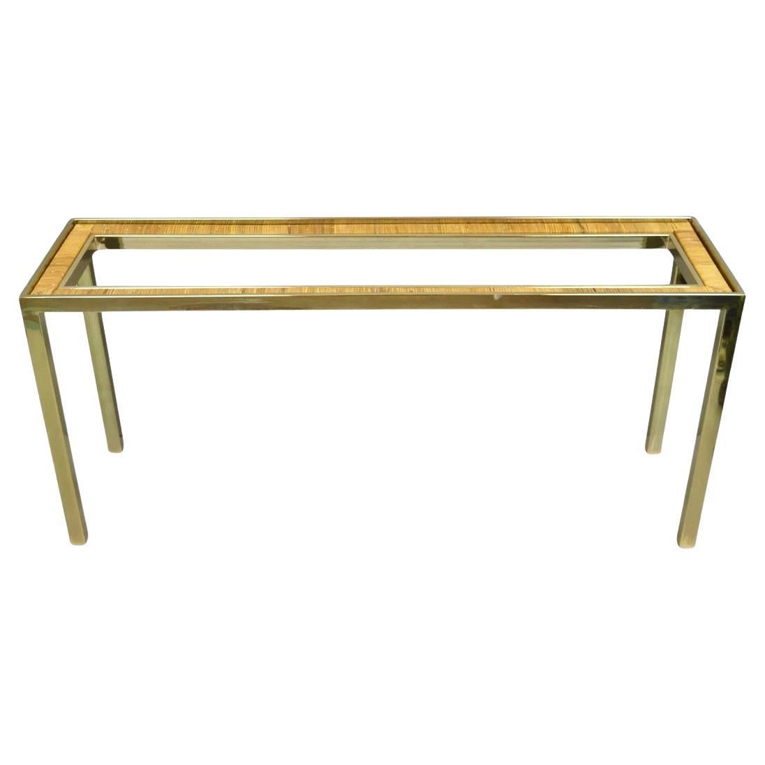 Vintage Mid Century Modern Brass Metal e Rattan Gold Console Hall Table in vendita