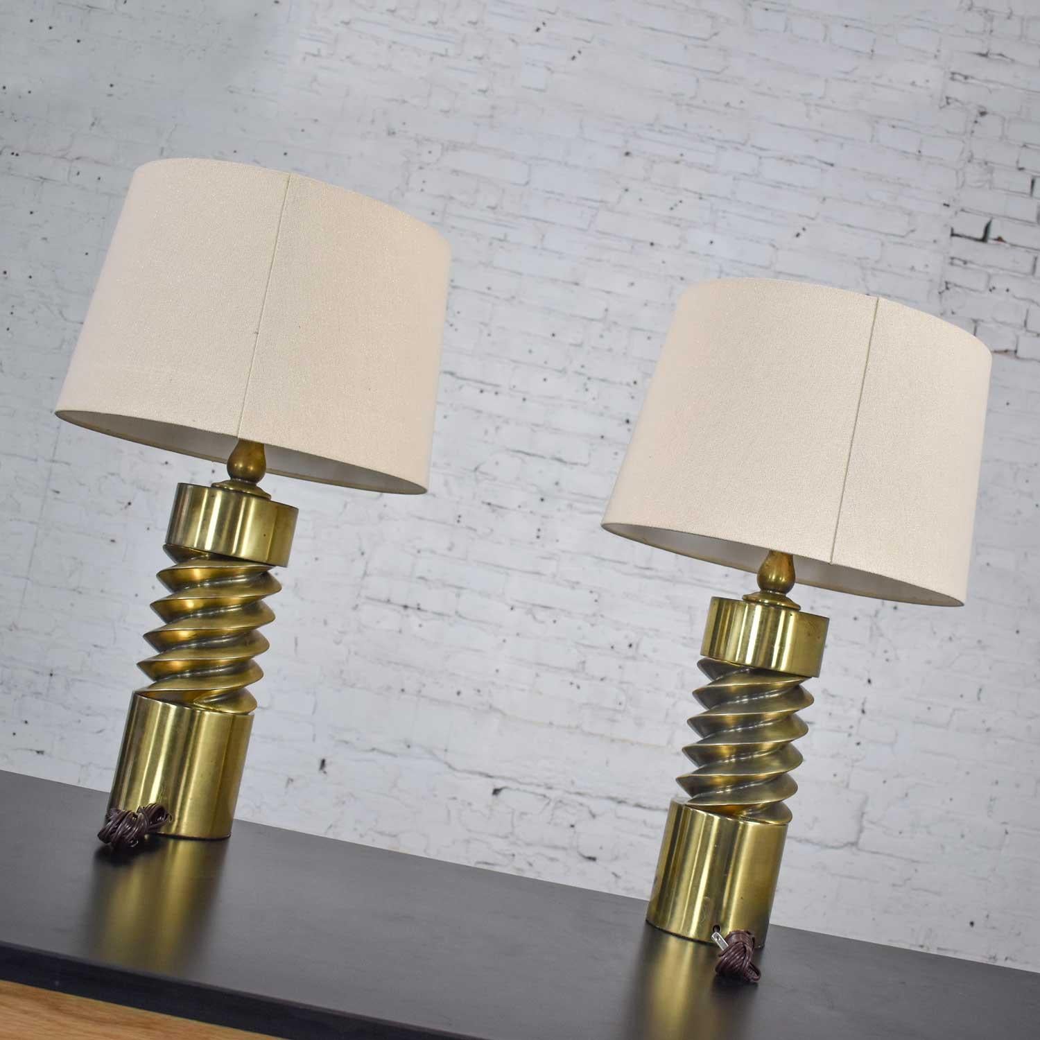 Vintage Mid-Century Modern Brass Plated Corkscrew Table Lamps New Shades a Pair 8
