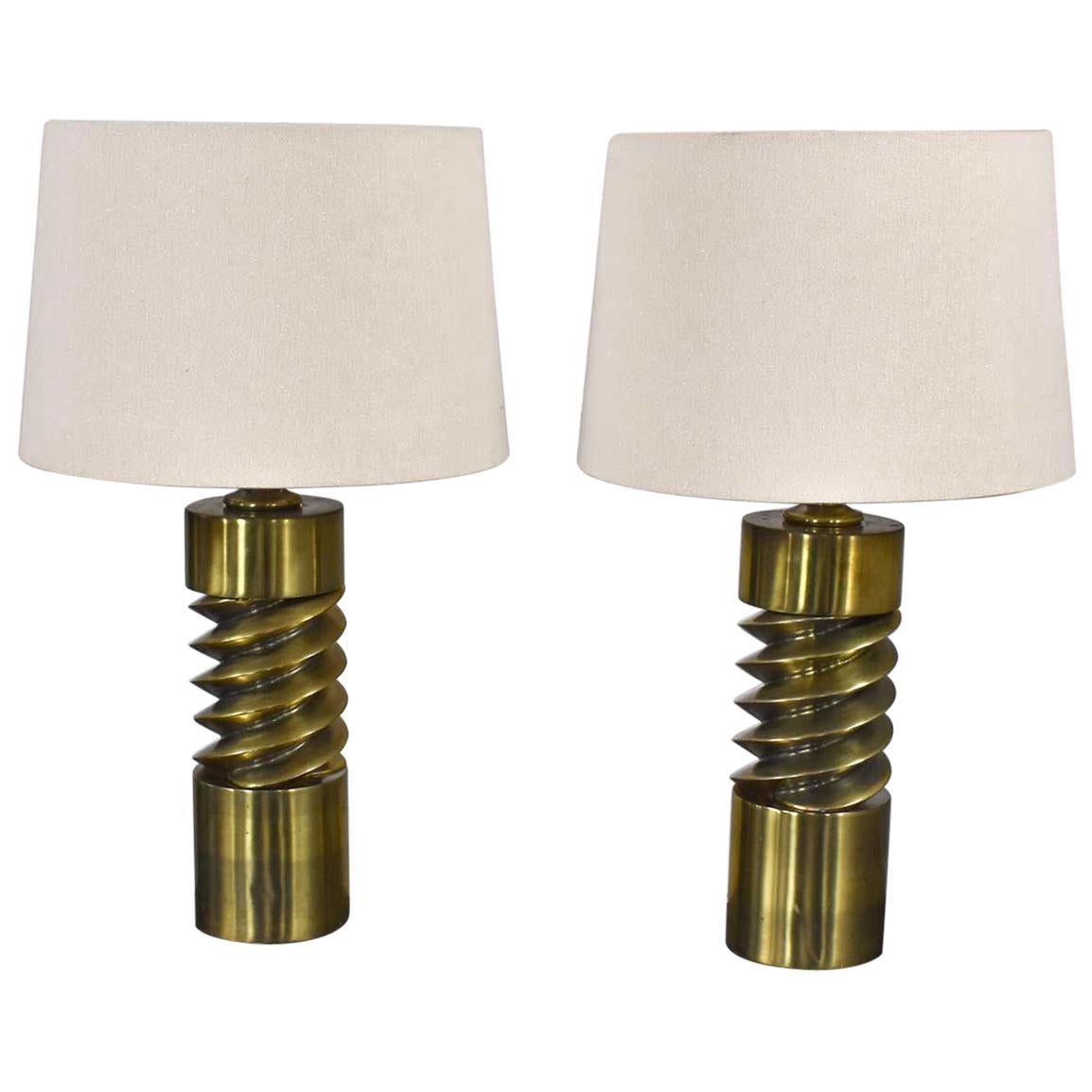 Vintage Mid-Century Modern Brass Plated Corkscrew Table Lamps New Shades a Pair