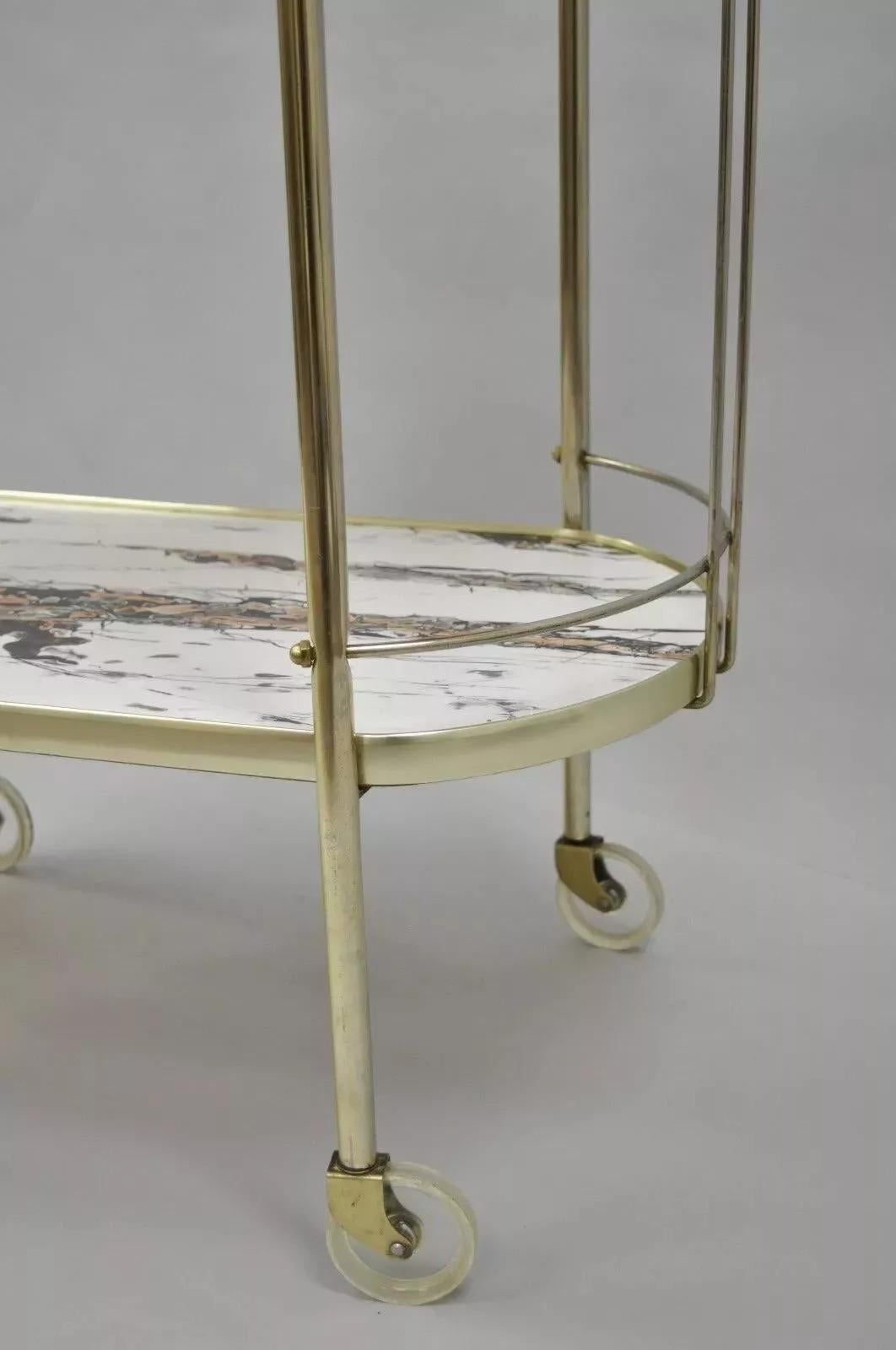 Vintage Mid Century Modern Latón Rolling Bar Tea Cart Laminado Faux Marble en venta 5