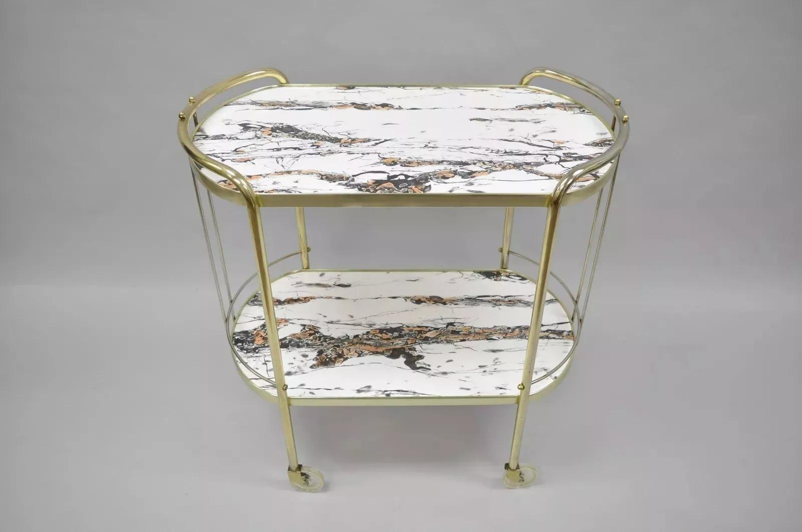 Vintage Mid Century Modern Latón Rolling Bar Tea Cart Laminado Faux Marble Moderno de mediados de siglo en venta