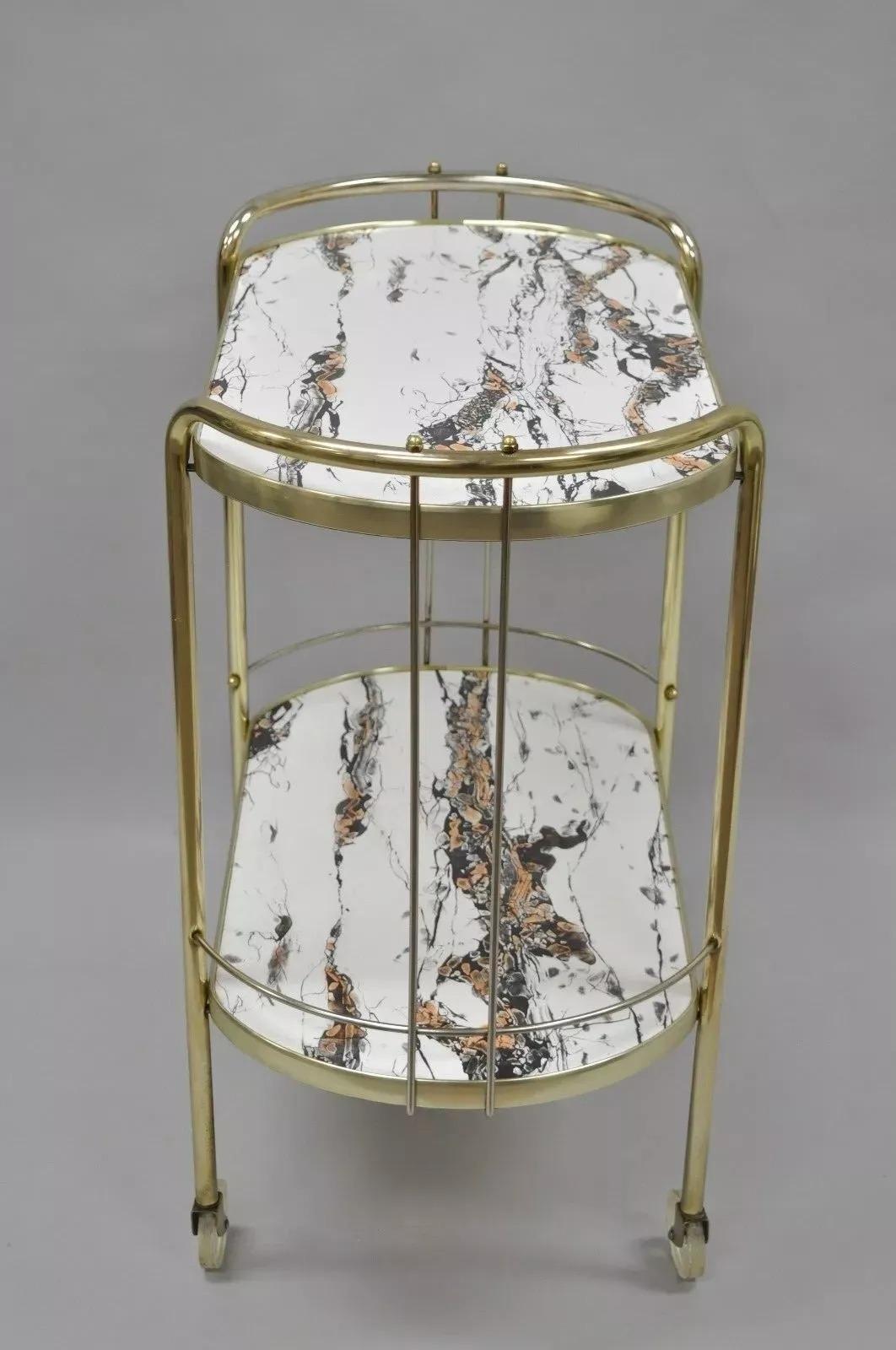 Vintage Mid Century Modern Latón Rolling Bar Tea Cart Laminado Faux Marble Desconocido en venta