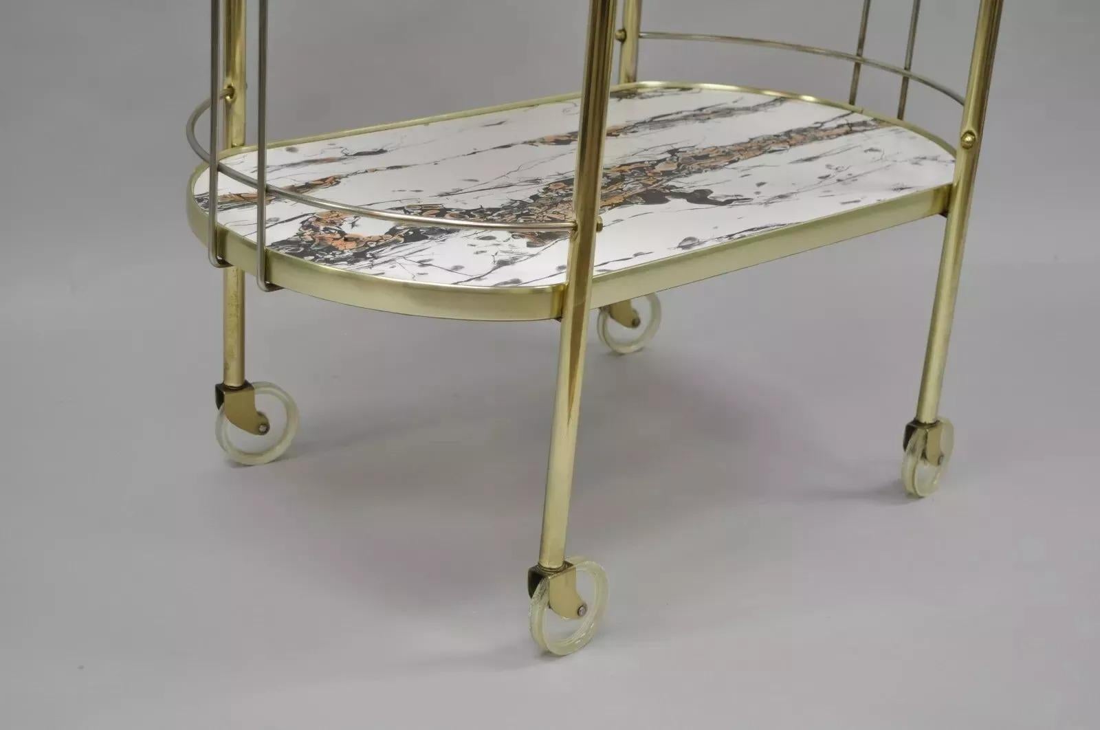 Vintage Mid Century Modern Latón Rolling Bar Tea Cart Laminado Faux Marble en venta 2