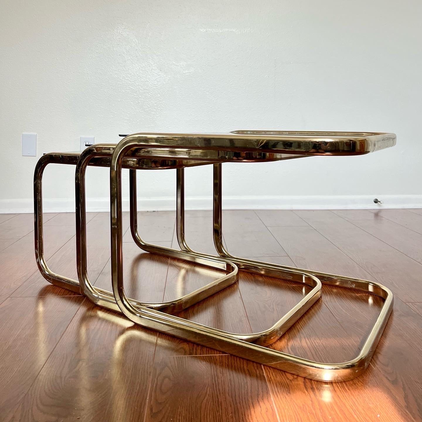 Vintage Mid-Century Modern Brass Smoked Glass Nesting Tables by Milo Baughman 1