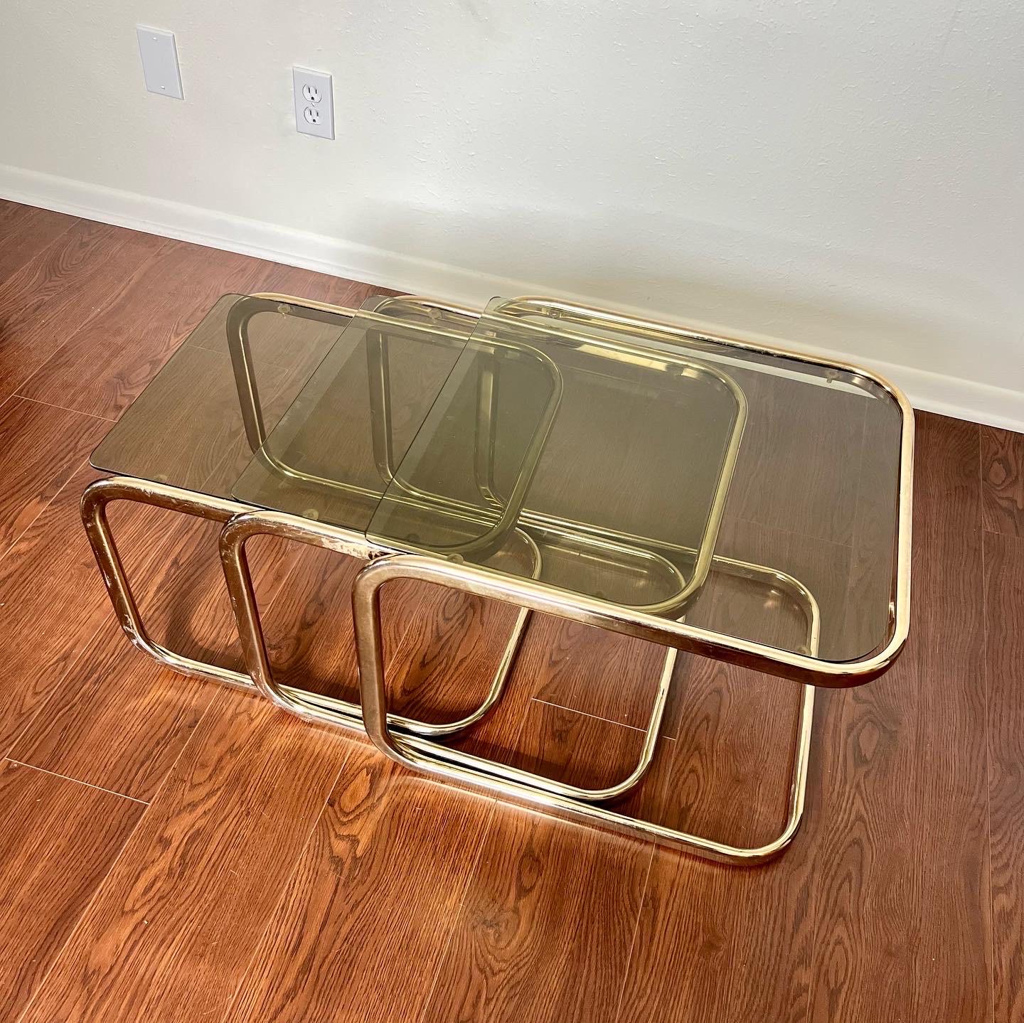 Vintage Mid-Century Modern Brass Smoked Glass Nesting Tables by Milo Baughman 2