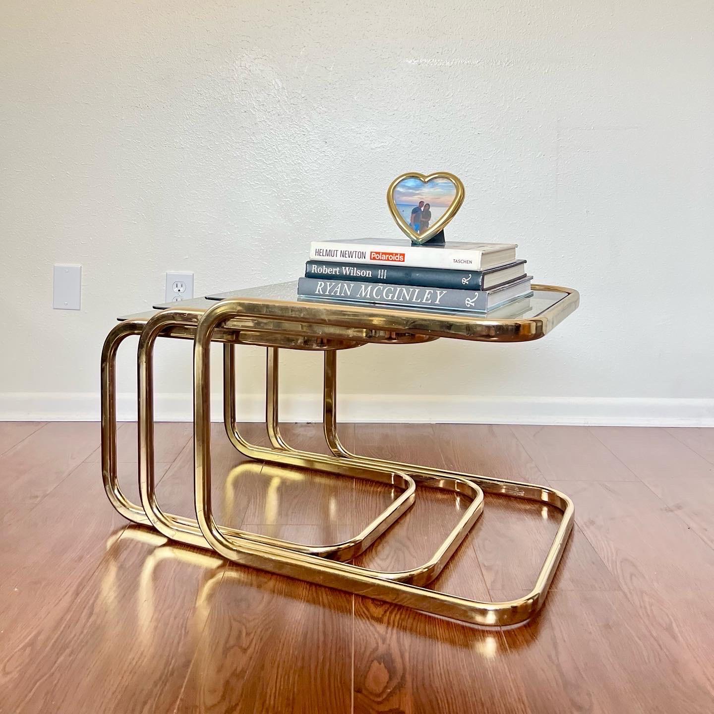 Vintage Mid-Century Modern Brass Smoked Glass Nesting Tables by Milo Baughman 3