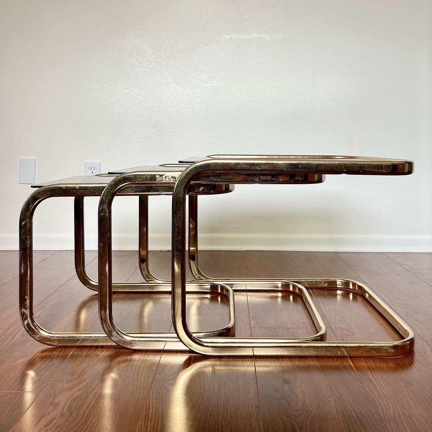 Vintage Mid-Century Modern Brass Smoked Glass Nesting Tables by Milo Baughman 4