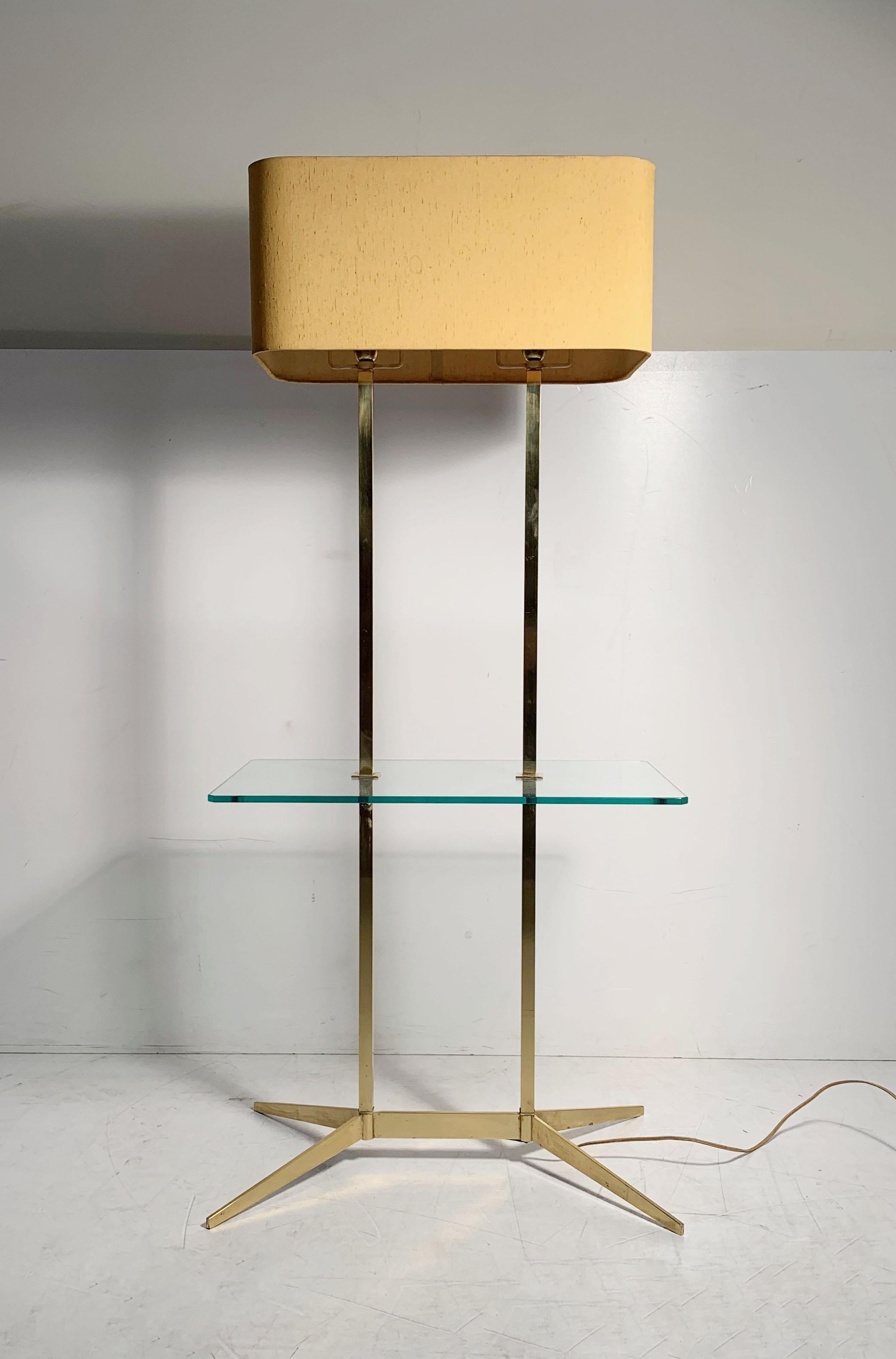 Vintage Mid-Century Modern brass table floor lamp. In the manner of Paul McCobb, Gerald Thurston, Arredoluce and Fontana Arte. I believe the lamp is manufactured by Stiffel. Glass tabletop was specially cut to match the wood top that had originally