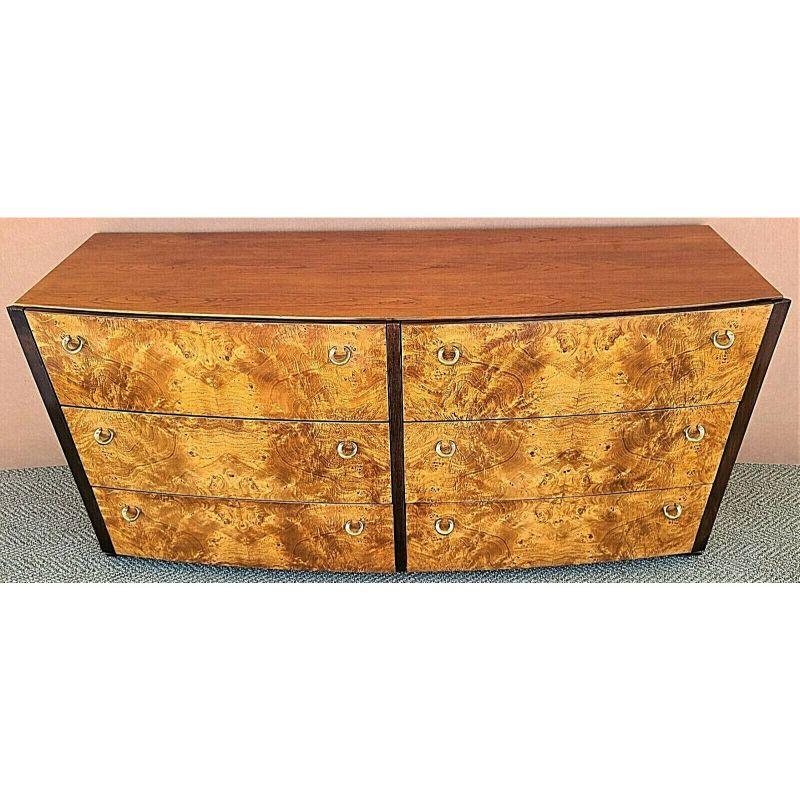 For full item description be sure to click on CONTINUE READING at the bottom of this listing.

Offering one of our recent Palm Beach Estate fine furniture acquisitions of a Mid-Century Modern vintage hickory white briar burl wood dresser with