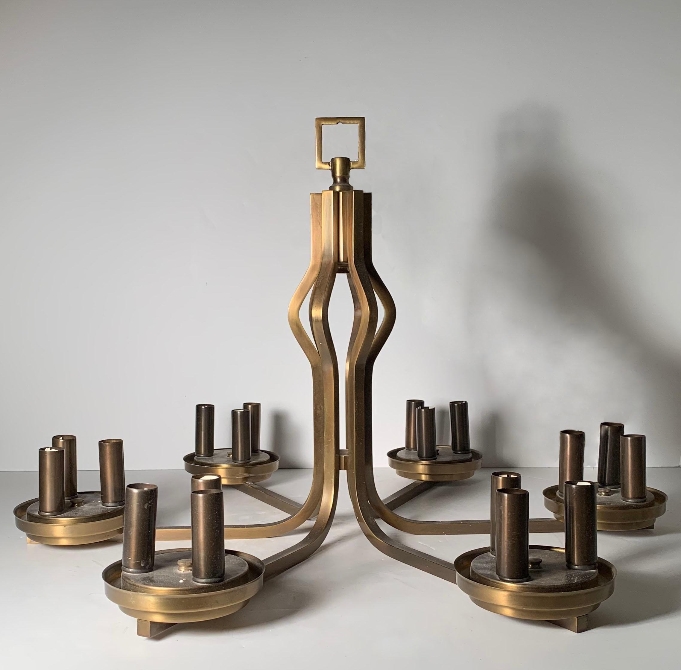 Vintage Mid-Century Modern bronze finish chandelier. Uncertain to designer. Manner of Paul McCobb, Milo Baughman, Walter Von Nessen

Just needs some nice glass cylinder shades. Or could do fabric shades over the bulbs as well.