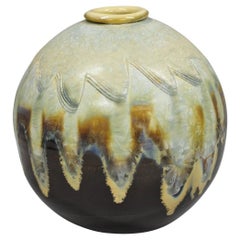 Vintage Mid Century Modern Brown Drip Glazed Bulbous Japanese Studio Vase Signed