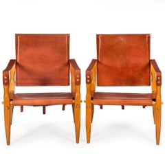 Vintage Mid-Century Modern Brown Leather Safari Chairs attr. Wilhelm Kienzle