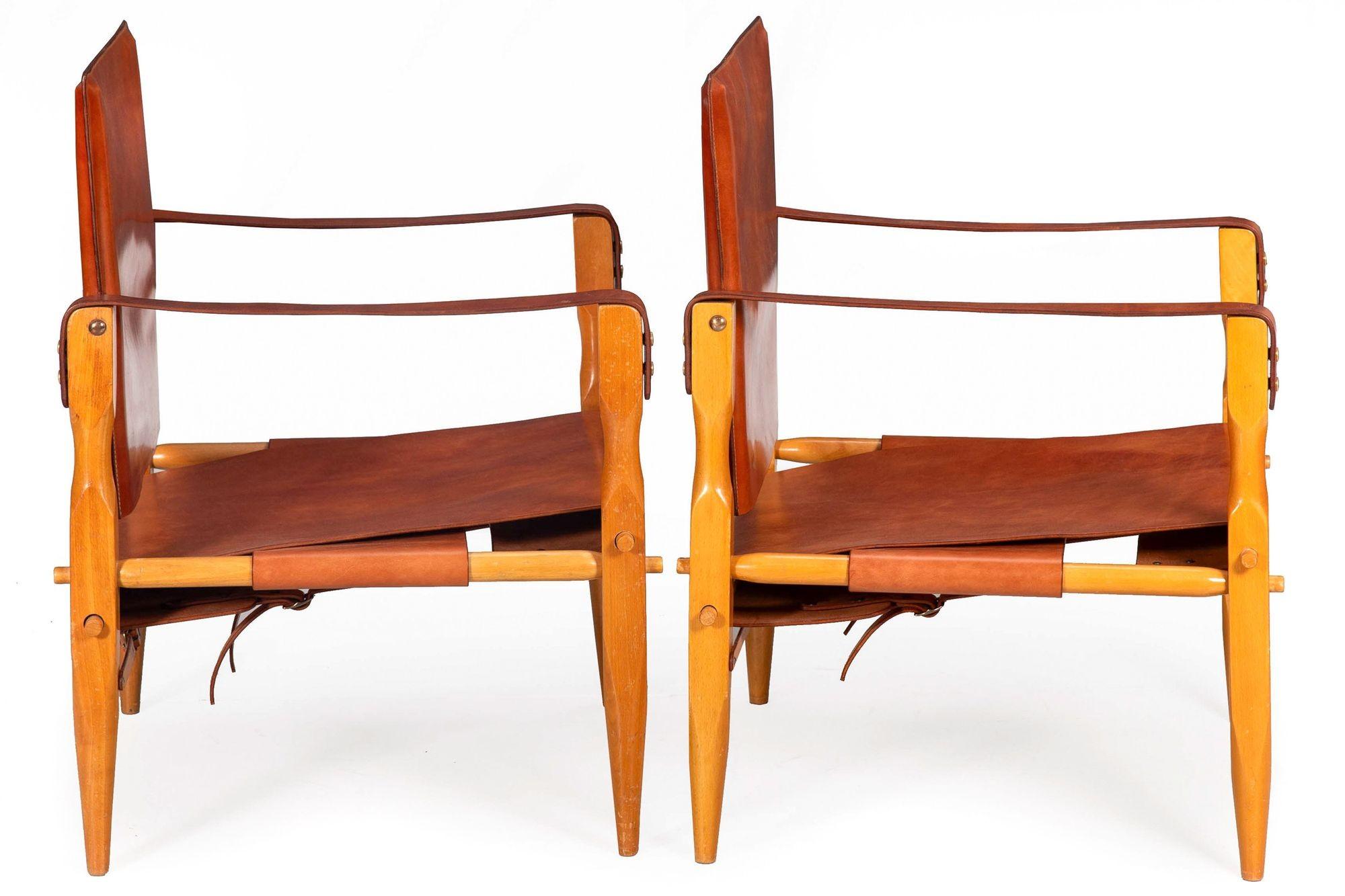 20ième siècle Chaises Safari en cuir Brown Vintage Mid-Century Modern attr. Wilhelm Kienzle en vente