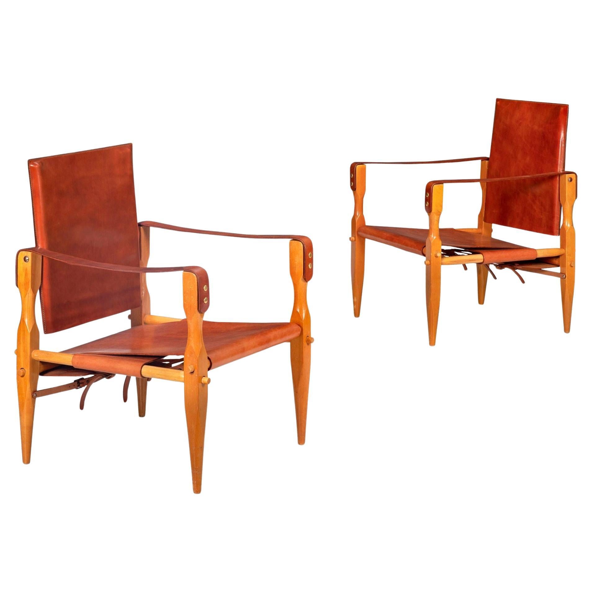 Vintage Mid-Century Modern Brown Leather Safari Chairs attr. Wilhelm Kienzle