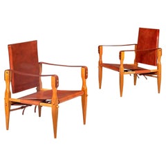 Vintage Mid-Century Modern Brown Leather Safari Chairs attr. Wilhelm Kienzle