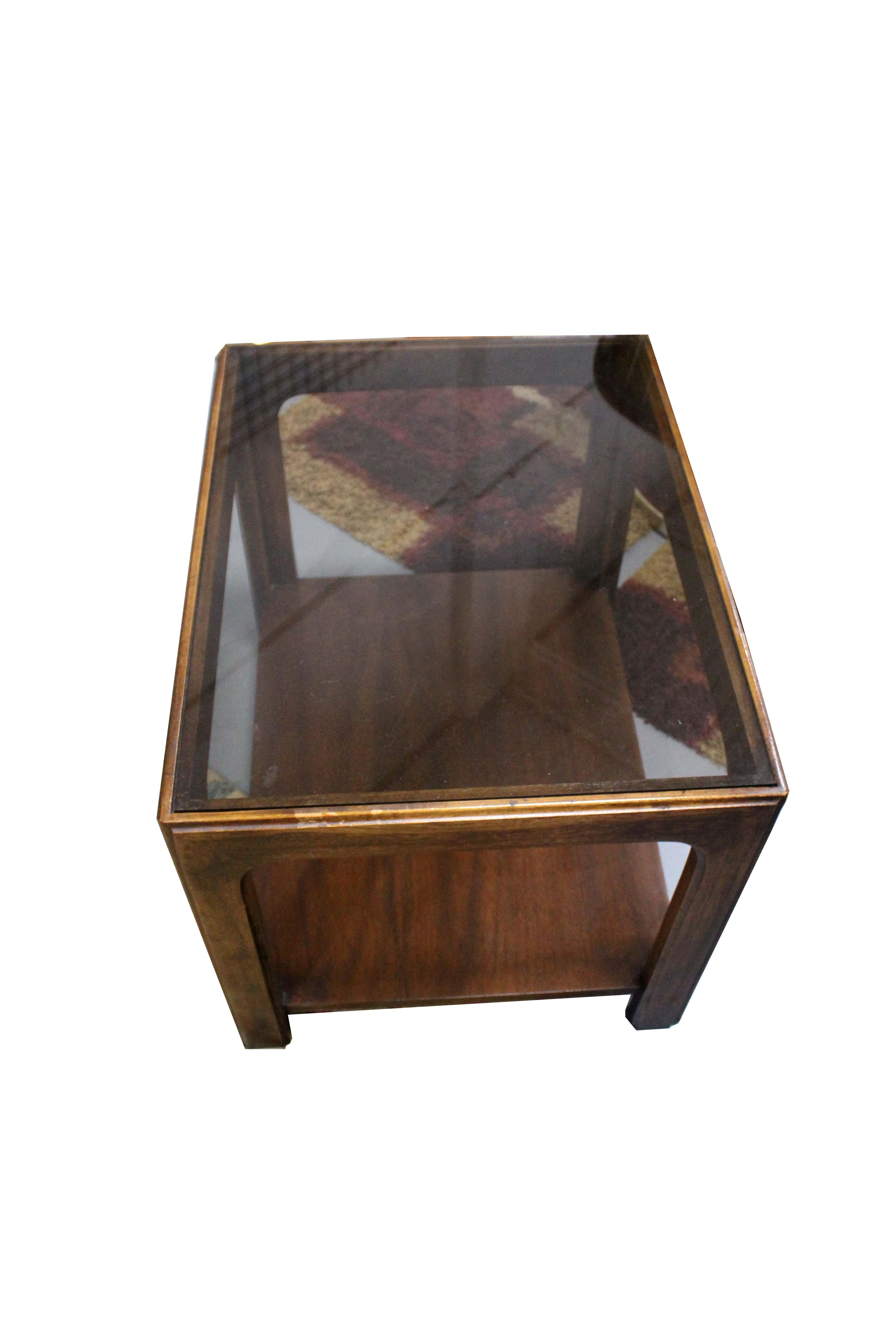 Vintage Mid Century Modern Brown Saltman Walnut Side End Table W Glass Top 1