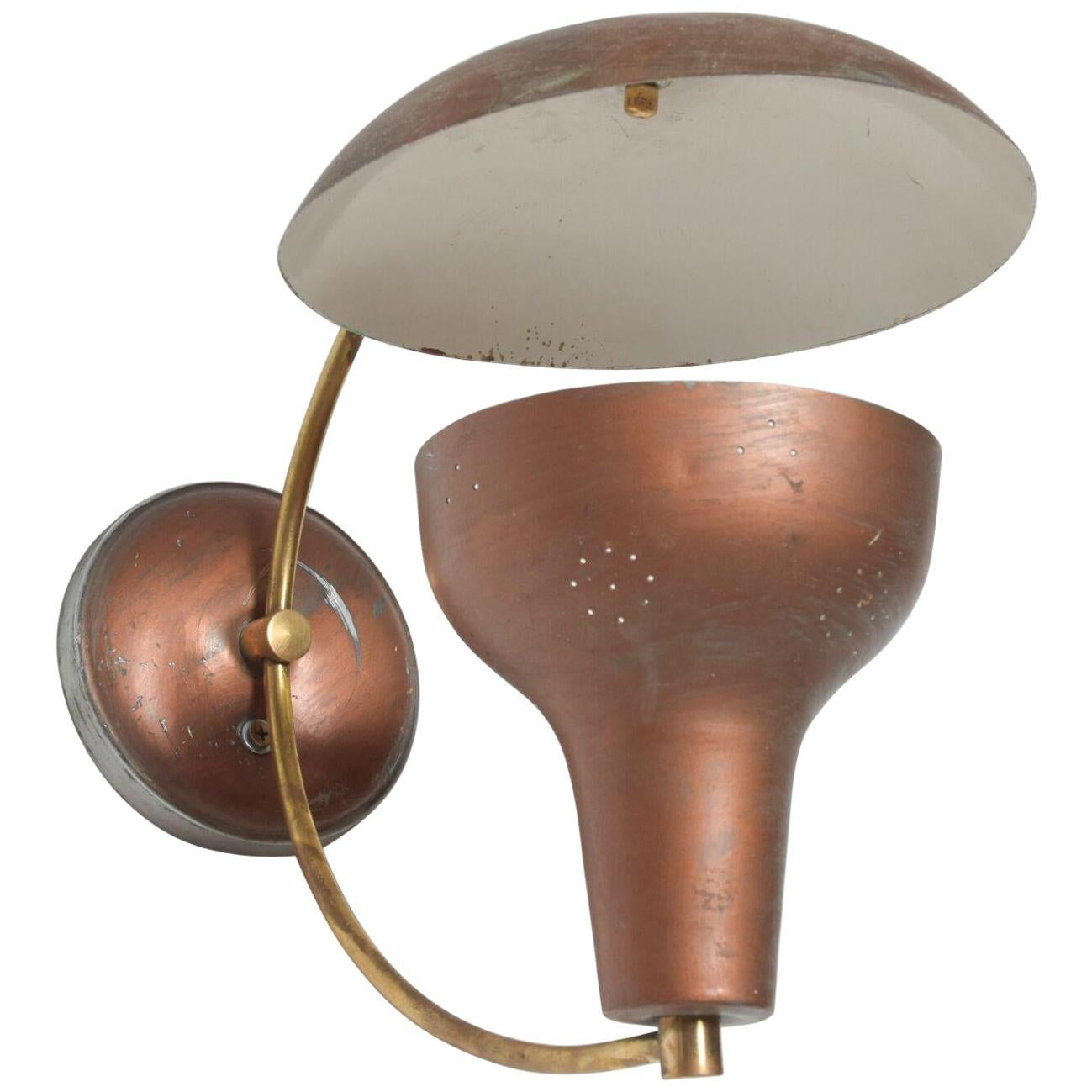  Midcentury Modern Single Brass Wall Lamp Sconce in Brown 1950s Vintage