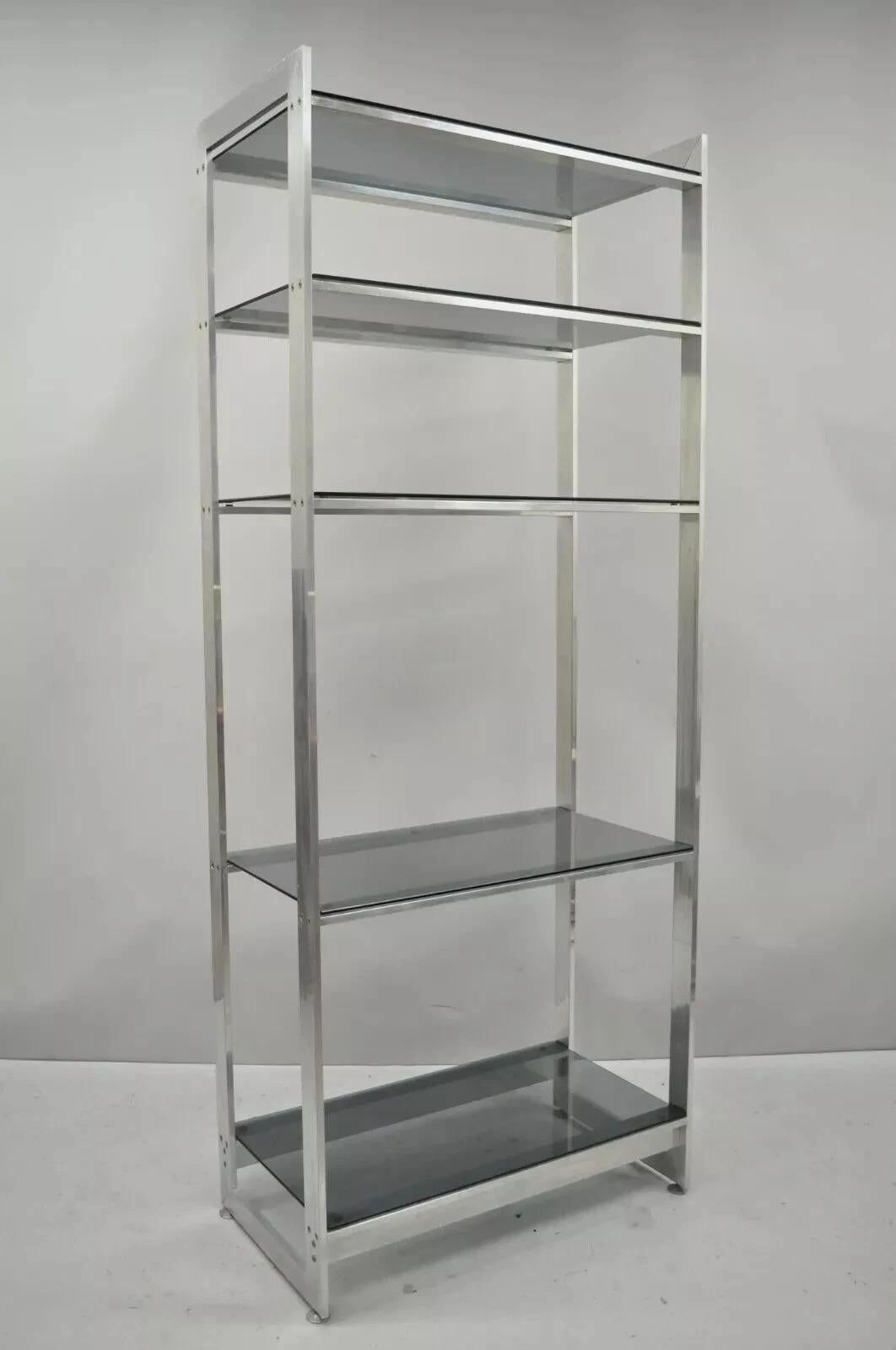 Vintage Mid Century Modern Brushed Aluminum Chrome Frame Etagere Bookcase Shelf For Sale 1