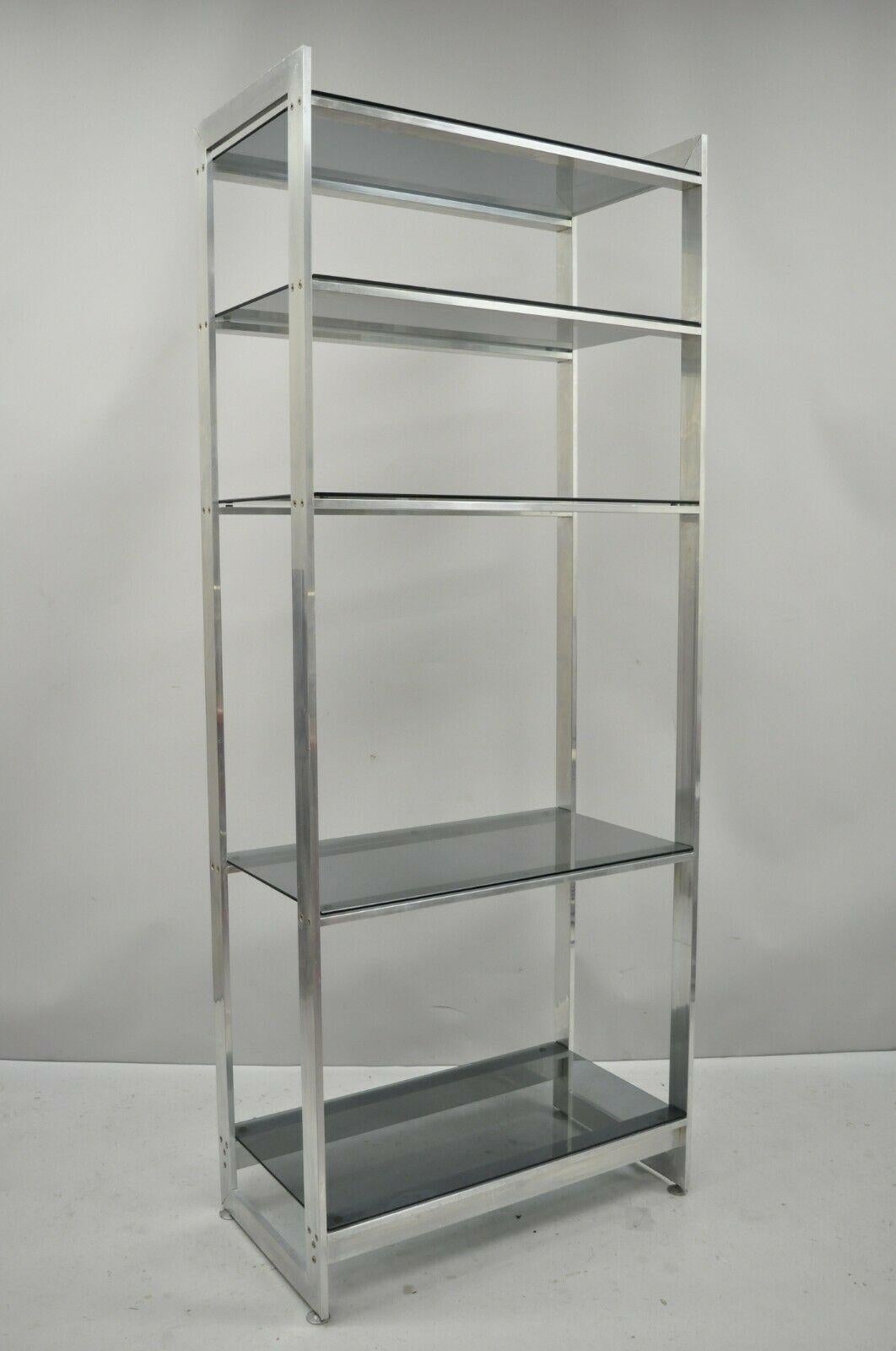 Metal Vintage Mid-Century Modern Brushed Aluminum Chrome Frame Étagère Display Shelf For Sale