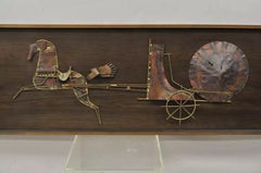 Vintage Mid Century Modern Brutalist Gilt Metal Horse & Chariot Wall Art