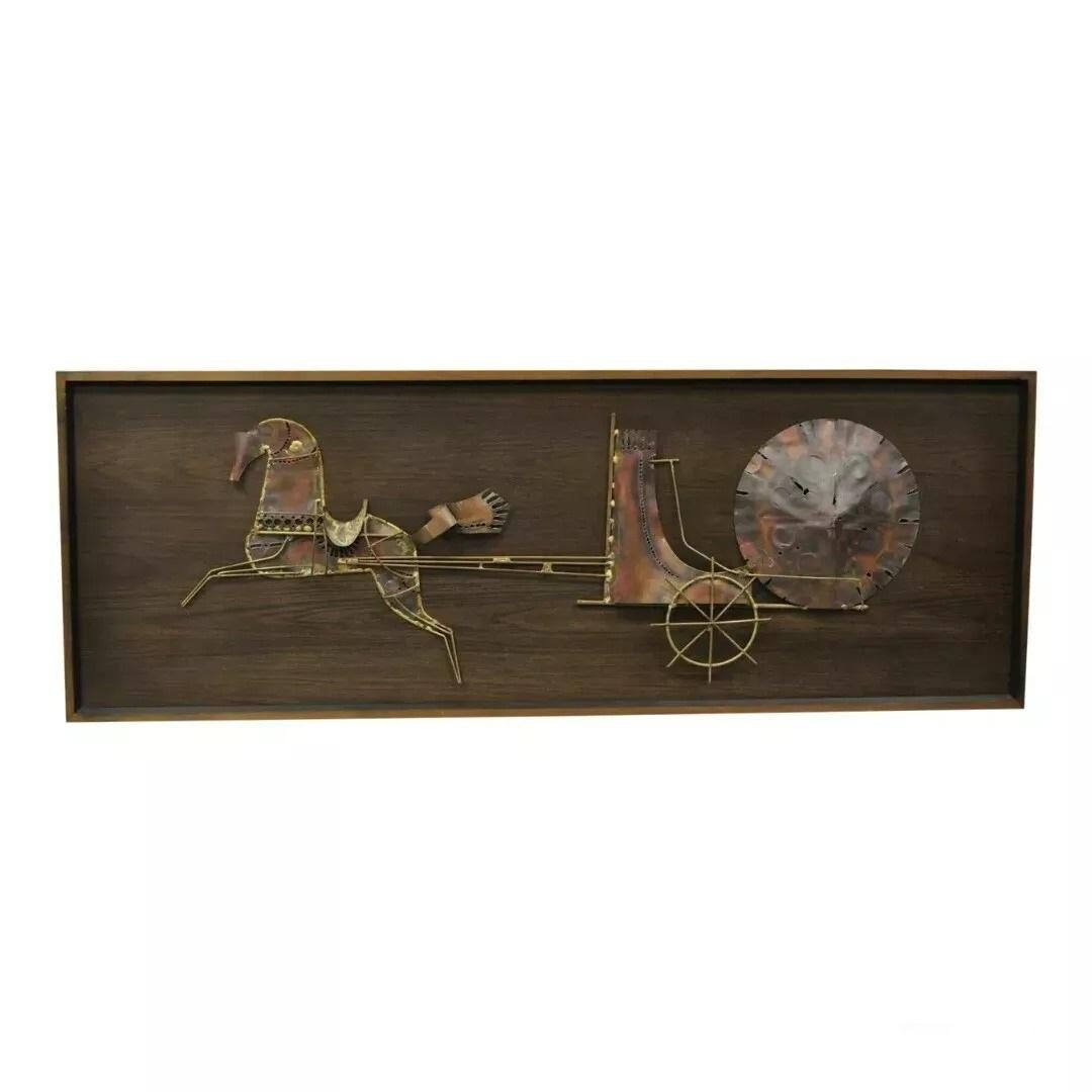 Vintage Mid Century Modern Brutalist Gilt Metal Horse & Chariot Wall Art