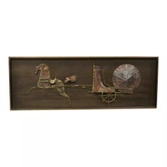 Vintage Mid Century Modern Brutalist Gilt Metal Horse & Chariot Wall Art