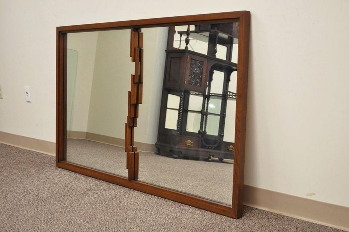 Wood Vintage Mid-Century Modern Brutalist Walnut Wall Dresser Mirror Danish Style