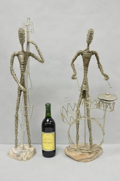 Vintage Mid Century Modern Brutalist Wire Musician Band Figure Sculpture - 2 Pc