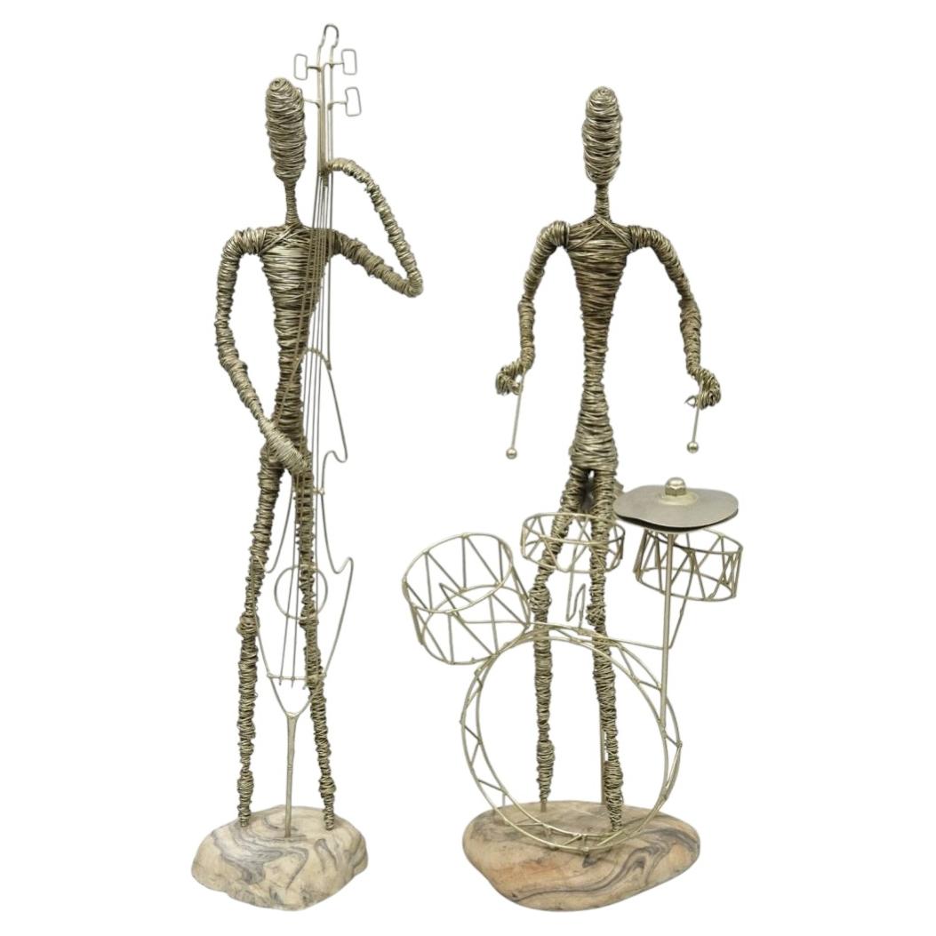 Vintage Mid Century Modern Brutalist Wire Musician Band Figure Sculpture - 2 Pc