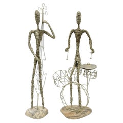 Vintage Mid Century Modern Brutalist Wire Musician Band Figure Sculpture - 2 Pc